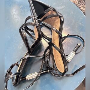 New no box azalea wang black Crystal heel ankle strap sandals